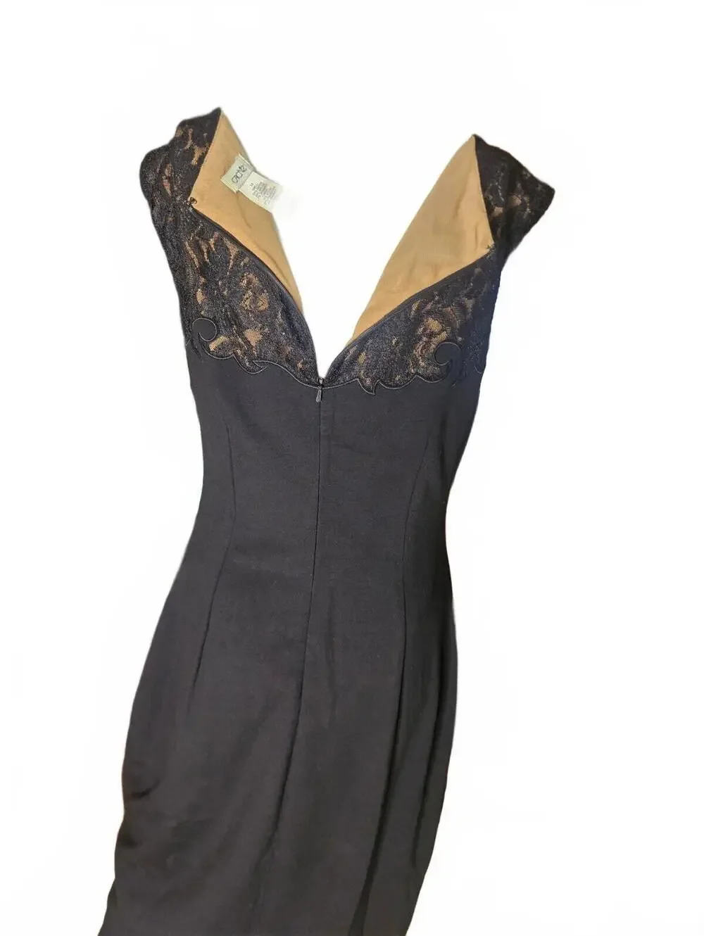 Cache Black Sheath Dress Sz 12 Lace Yoke Capped Sleeves Zip Up Lined